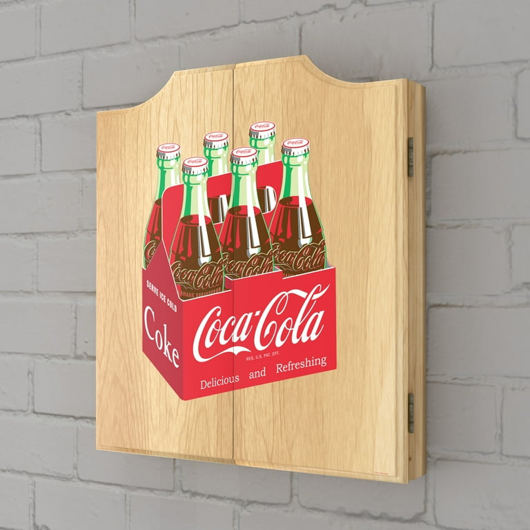 Coca-Cola 6 Pack Dart Board Cabinet Set with 6 Steel Tip Darts