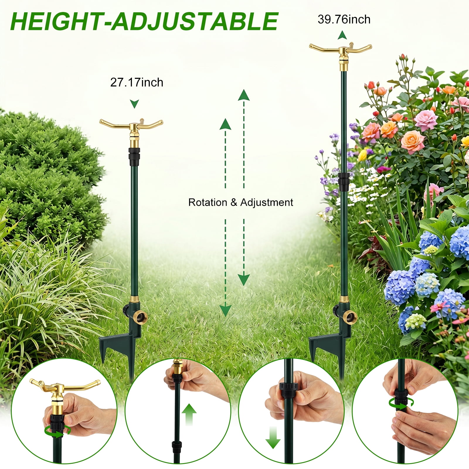 3 Arm Garden Sprinkler 360 Degree Rotation Water Sprinkler Aluminum Alloy Lawn Sprinkler with Adjustable Telescoping Rod and Spike Base Irrigation Tool for Large Area Yard Lawn Garden