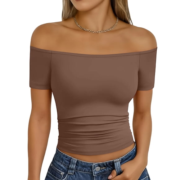 Womens Off The Shoulder Tops Going Out Cap Sleeve Y2k Fashion Sexy Ruched Crop Shirts Cute Summer Blouses 2026, L