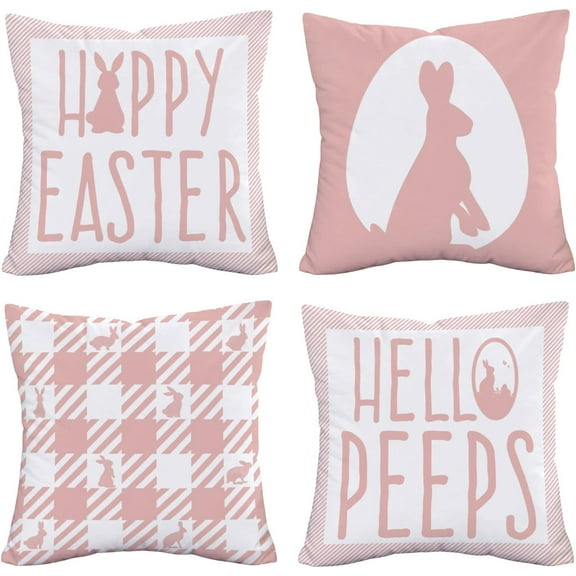 Happy Easter Rabbit Pillow Covers 18x18 Inch Set of 4 Spring Holiday Farmhouse Bunny Egg Hello Peeps Throw Pillow Cases Super Soft Buffalo Stripes Home Sofa Couch Decor Cushion Cover
