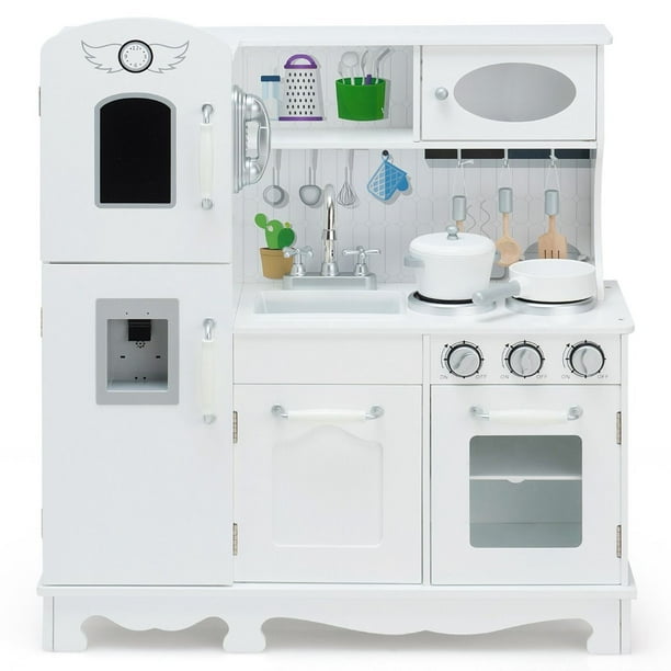 Juego de Cocina de Juguete de Madera Costway con Accesorios Teléfono Fregadero Horno Nevera Dispensador de Agua Luz y Sonido Blanco