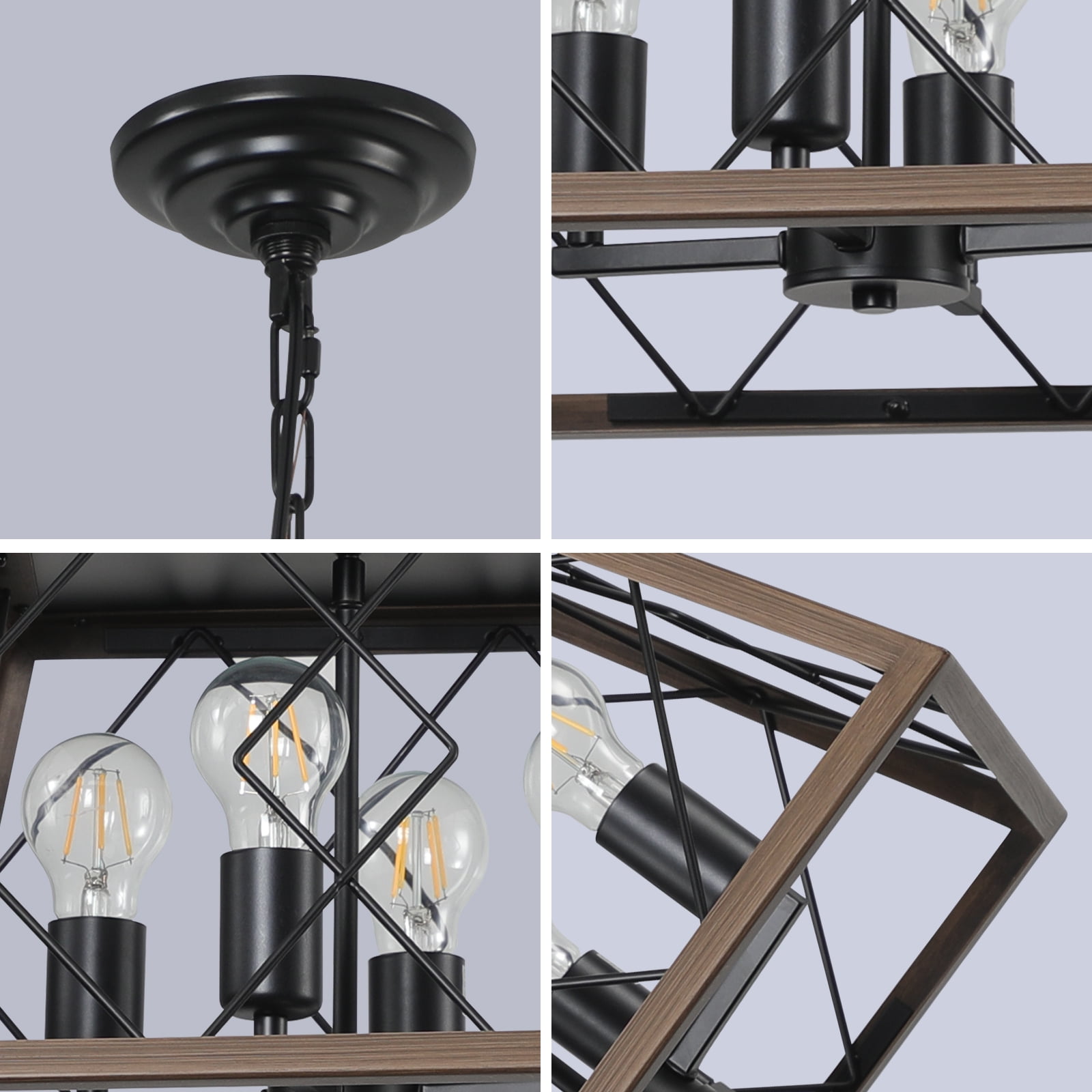 4-Light Farmhouse Vintage Chandelier, Rustic Pendant Light, with Faux Wood Finish, Adjustable Chain Industrial Fixture for Dining Room, Foyer, Kitchen Island, Walnut E26 Base