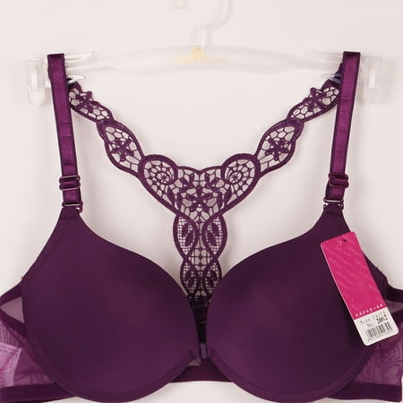 

Womens Sexy Front Closure Lace Racer Back Push Up Seamless Bra Racerback Bra Purple 75B