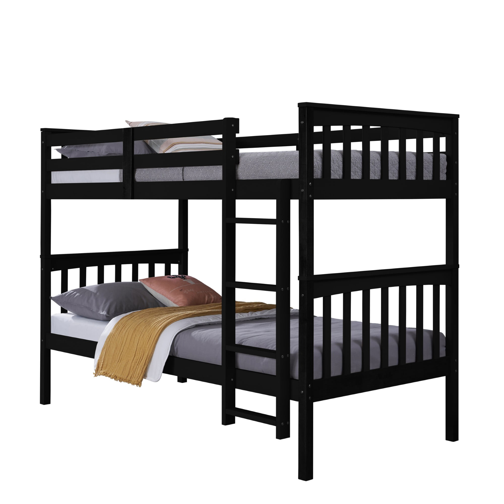 Home Design Ames Twin Over Twin Solid Wood Bunk Bed Frame, Convertible, Sturdy Guardrails, Black, Easy Assembly