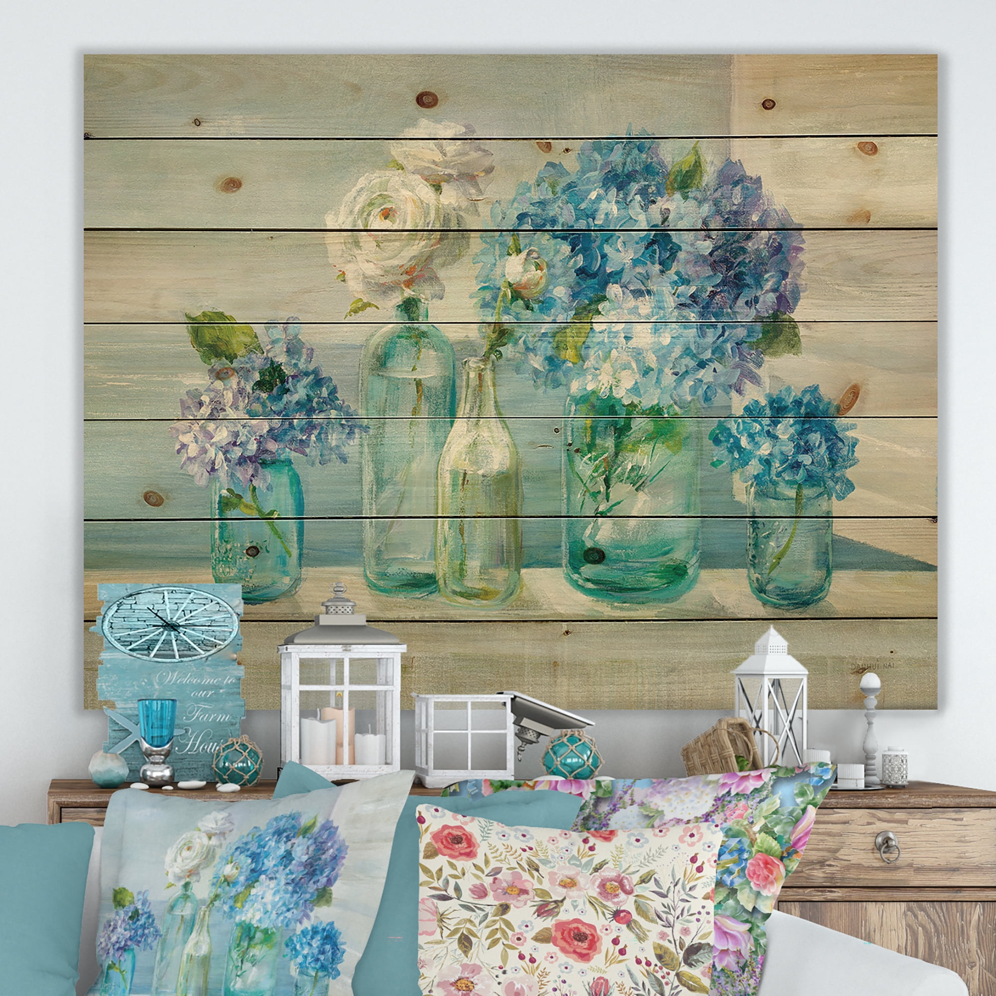 Designart 'Coastal Flowers Bouquets in Glass Bottles' Nautical & Coastal Print on Natural Pine Wood