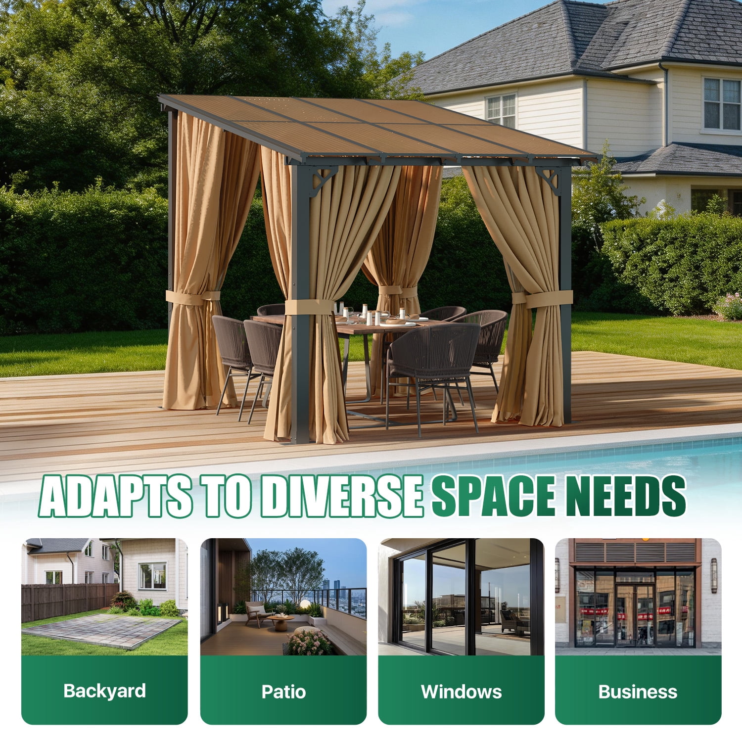 LazySunsets 8x10 FT Wall-Mounted Aluminum Gazebo Polycarbonate Roof with Full Mosquito Netting & Privacy Curtains