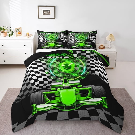 Erosebridal Fast Car Bedding Twin Comforter Set,Black Green Down Comforter,Car Theme Bedding Sets Twin with Comforter,Microfiber Geometric Room Decorative,Reversible,3pcs