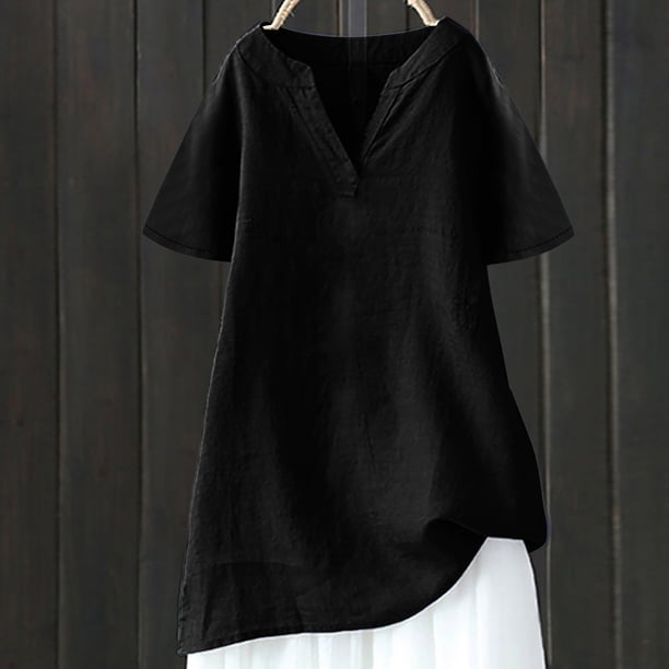 mfyjkho Tops Para Mujer, Blusa De Verano Con Cuello En V, Manga Corta, Holgada, Con Botones Y Lino Para Mujer Tops Y Blusas Para Mujer M