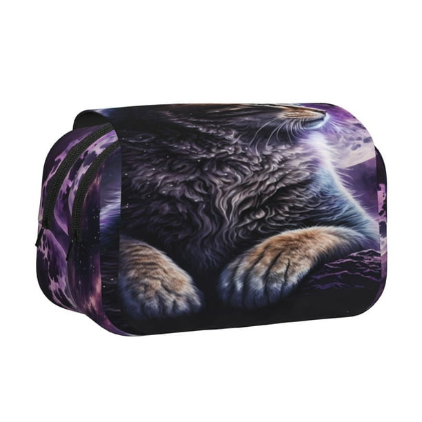 Disketp Purple Moon Cat Estuche de Lápices de Doble Capa con Tapa Abatible y Cremallera, Organizador Escolar para Adolescentes y Adultos