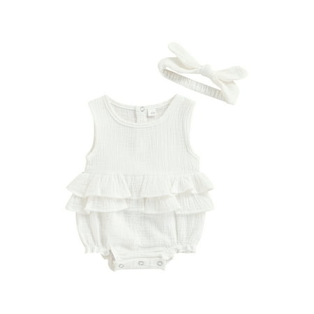 

TheFound Newborn Baby Girl Romper Sleeveless Ruffle Solid Color Ribbed Jumpsuit with Headband Summer Clothes