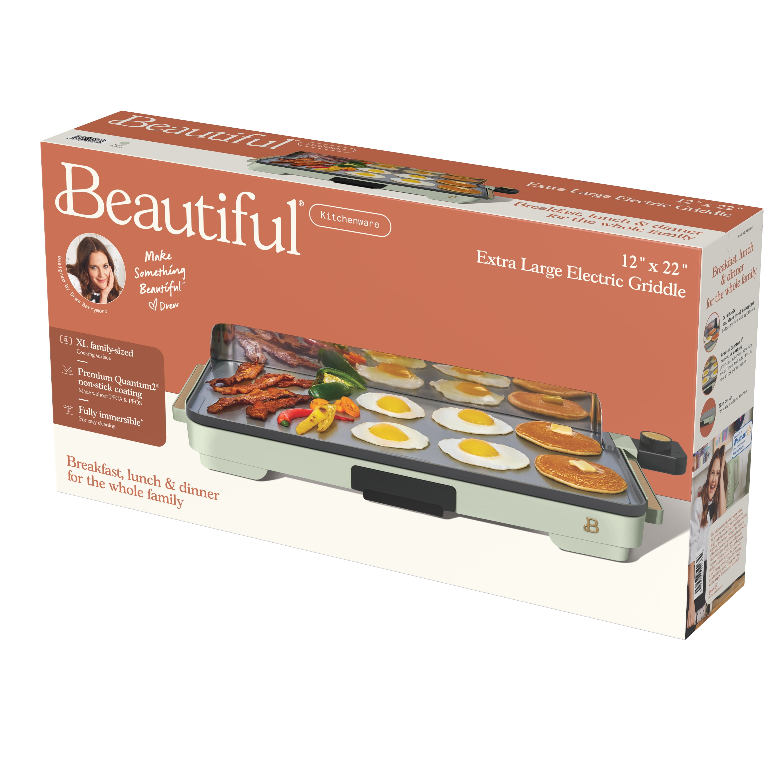 Beautiful XL Electric Griddle 12" x 22," Non-stick, Sage Green by Drew Barrymore