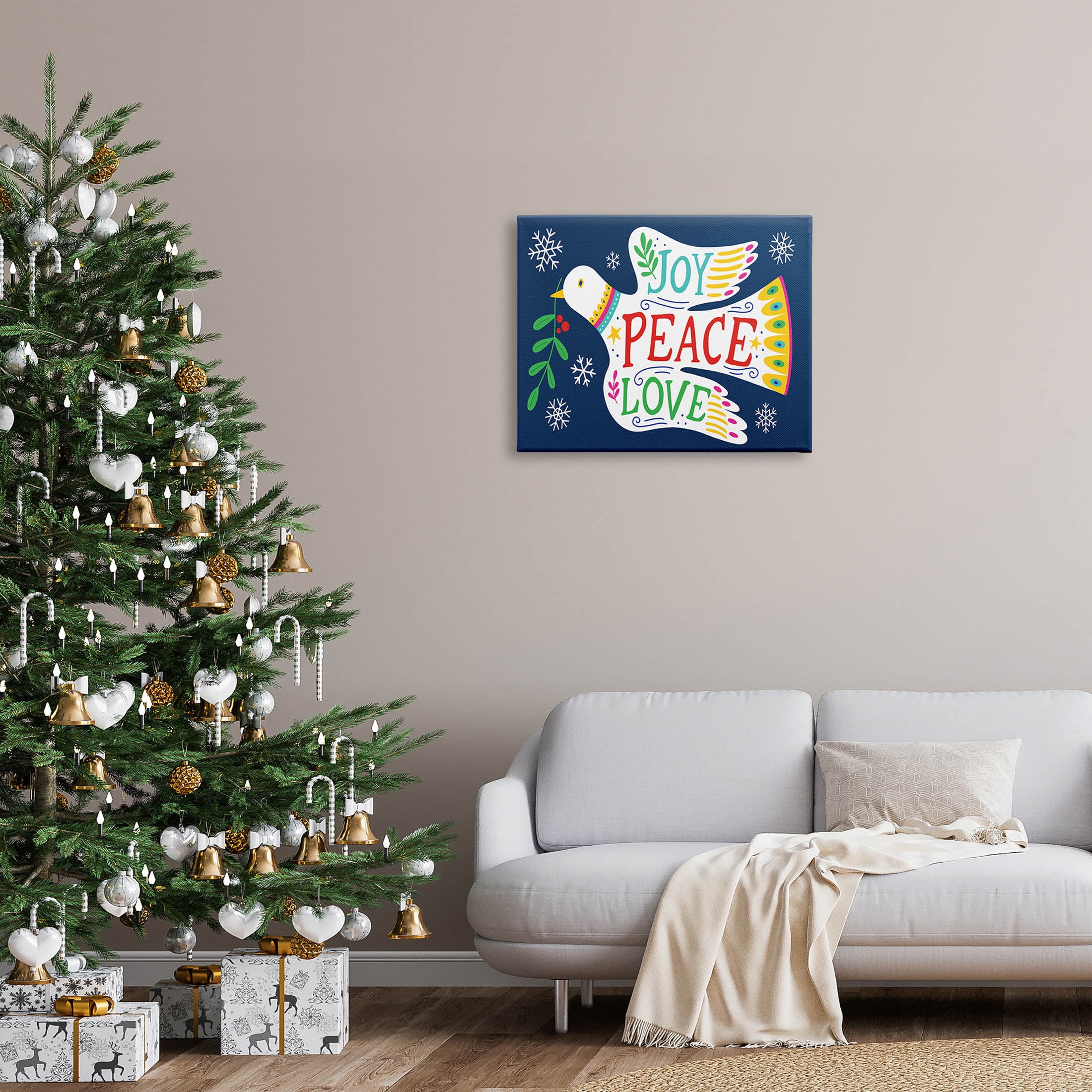 Joy Peace Love Dove Holly Sprig Holiday Graphic Art Gallery Wrapped Canvas Print Wall Art