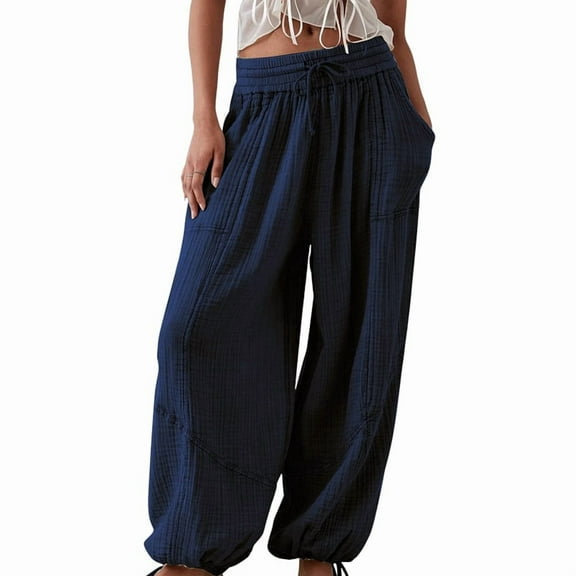 Womens Casual Loose Fit Wide Leg Cotton Pants Drawstring Stitching Baggy Pants Trousers with Pockets Dark Blue XXL
