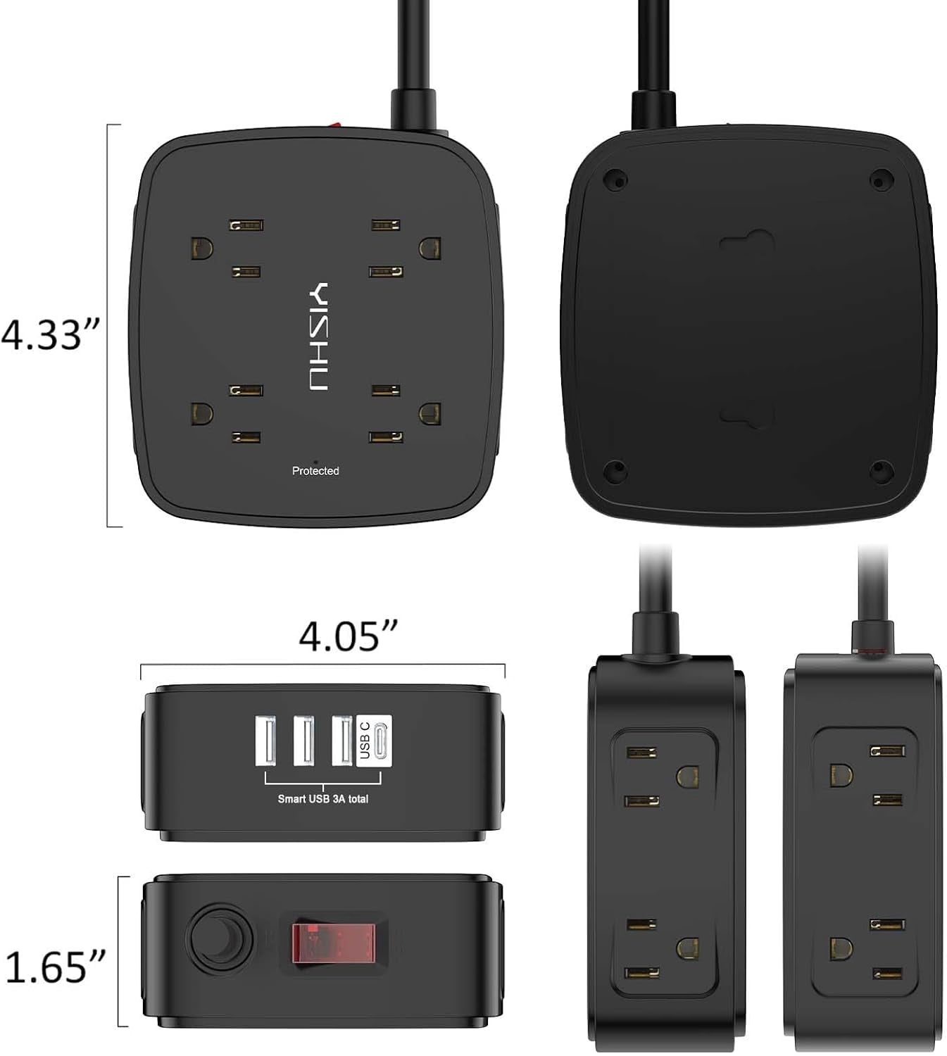 20 Ft Surge Protector Power Strip - 8 Widely Outlets with 4 USB Ports, 3 Side Outlet Extender with 20 Feet Extension Cord, Flat Plug, Wall Mount, Desk USB Charging Station, ETL, Black