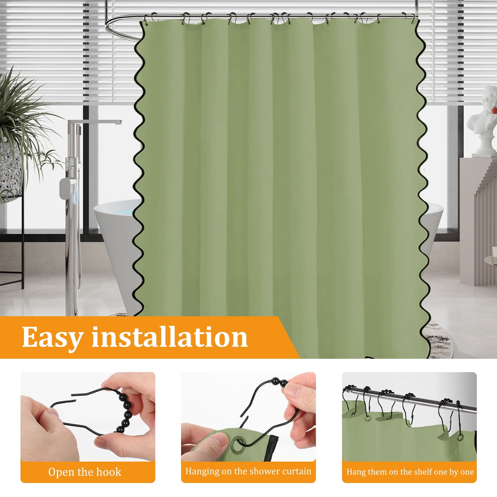 Dznils Black Scalloped Boho Shower Curtain with Hooks, Water-Repellent Thick Linen Fabric Bathroom Curtain, Green, 72" x 72"