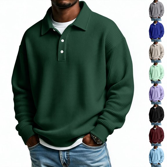 Dwellite Mens Casual Waffle Polo Shirts Button Collared Shirts Long Sleeve Sweater Fall Winter Solid Color Clothes Army Green M