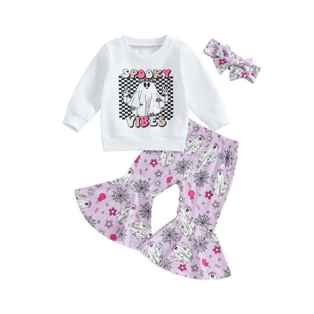

Qtinghua Infant Toddler Baby Girls Halloween Outfits Ghost Print Sweatshirt and Flared Pants Headband Set Purple 3-4 Years
