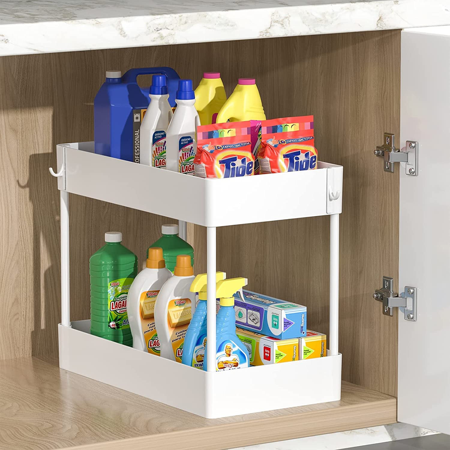Mpm 2 Pack Under Sink Shelf, Kitchen Organizers, 2 Tier Bathroom Cabinet  Drawer, Multi-purpose Storage With 4 Hooks : Target