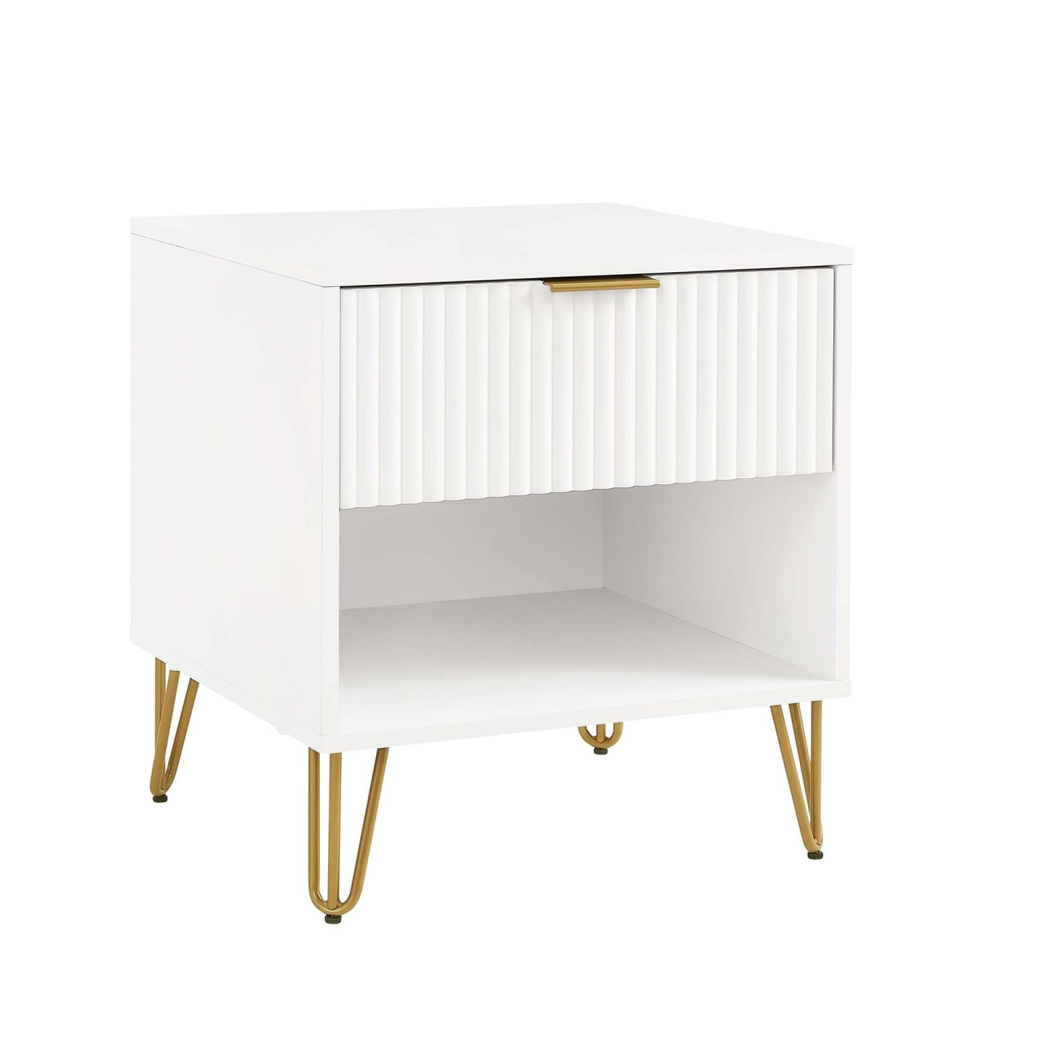 Nightstand, Modern Glam Bedside Table with 1 Drawer, Vertical Ribbed Texture, Gold Handle and Splayed Metal Legs, Storage End Table for Bedroom Living Room, White