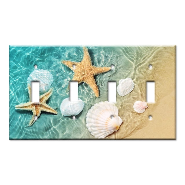 Art Plates - 4-Gang Toggle Switch Plate - Sea Shells and Star Fish in Ocean Beach Tide Pool