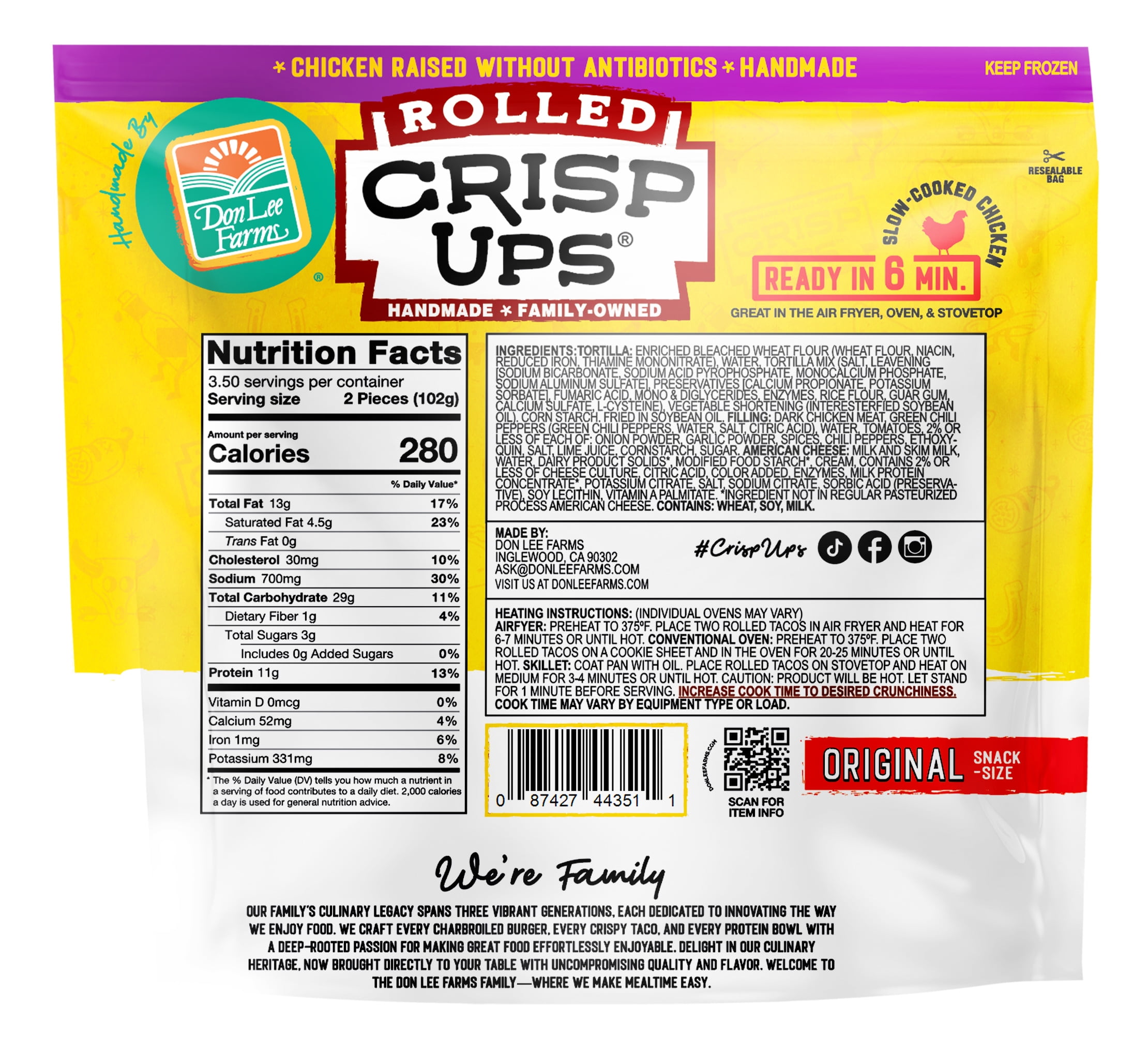 Don Lee Farms CrispUps Chicken & Cheese Rolled Tacos, 12.60 oz