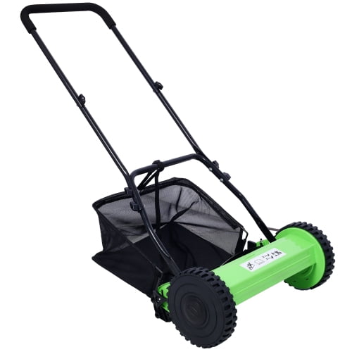 16-Inch Push Reel Lawn Mower, 5-Blade with Grass Catcher, Adjustable Height, Manual, Green