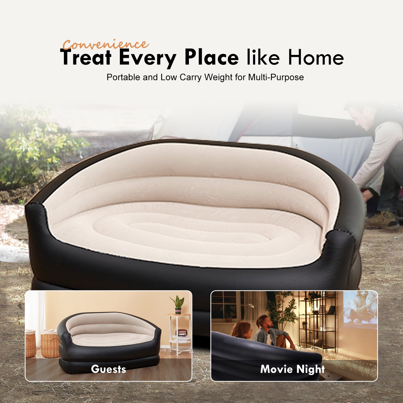 Honeydrill Inflatable Sofa, Air Couch for Camping, Black&Beige(No Pump Included)