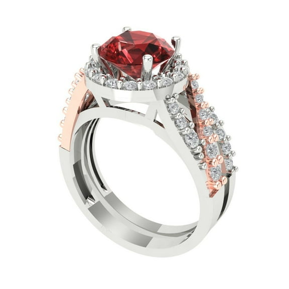 Clara Pucci 18K White/Rose Gold 2.32 Natural Garnet Engraveable Engagement Ring   Wedding Band Set