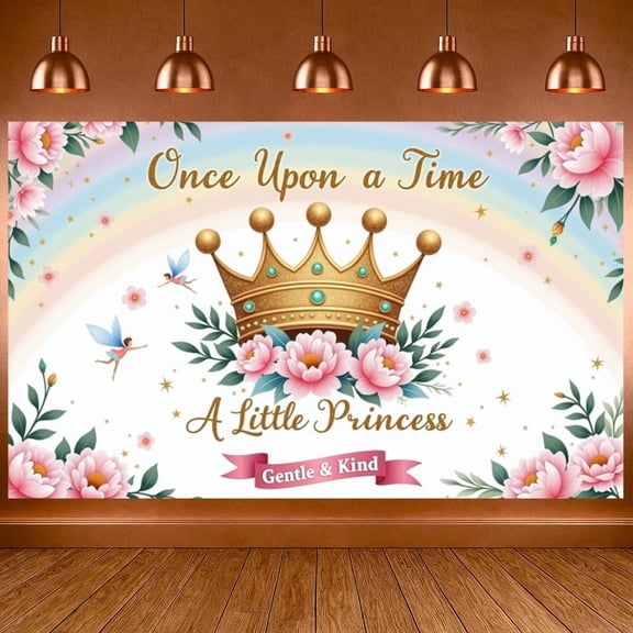 Golden Crown Princess Banner Pink Flowers Fairy Tale Display Rainbow Fairies Royal Backdrop for Princess Birthday Party Girls' Party Fairy Tale Party