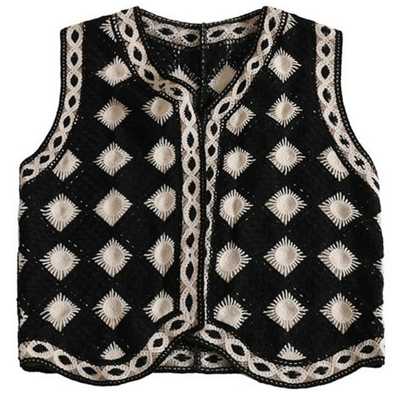 Yokua Women's Crochet Sweater Vest Button-down Knitwear Retro Diamond Plaid Vest Tops