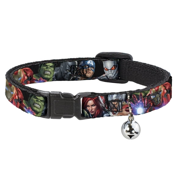 Marvel Comics Breakaway Cat Collar With Bell, Plastic Clip, Easy Adjustable, Vivid Avengers Action Poses, 8.5 to 12 Inches 0.5 Inch Wide