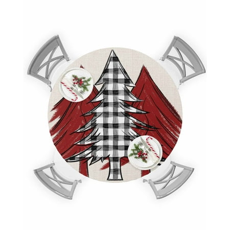

Round Tablecloth with Elastic Red and Black White Plaid Christmas Tree Waterproof Stain-proof Table Cover Wipeable Fitted Table Cloths for 55 -60 Round Tables Dining Kitchen Indoor Outdoor Use