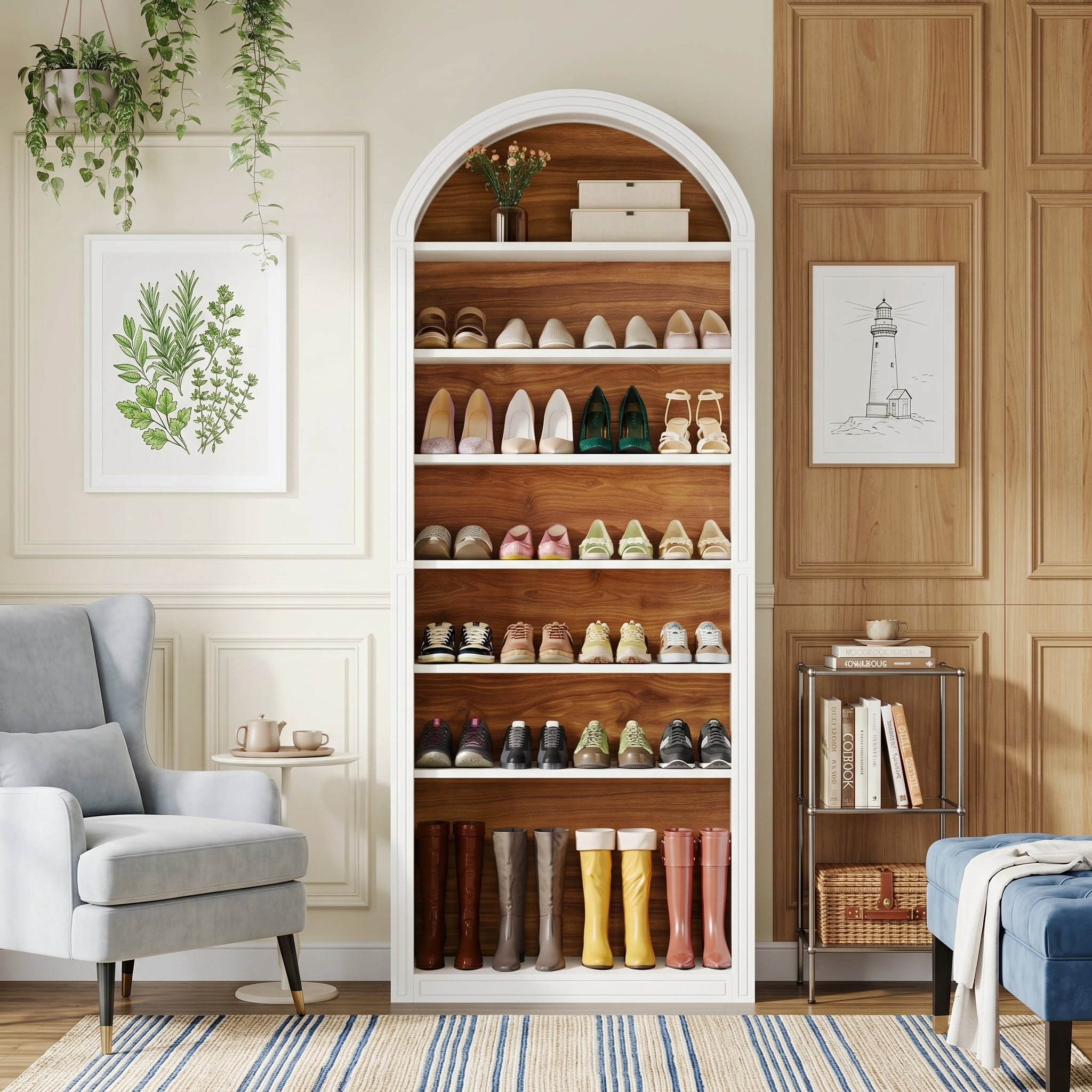 Fnova 79.5" Arched Shoe Storage Cabinet, 8-Tier Wooden Shoe Organizer Rack for 35 Pairs, Adjustable Shelves, White