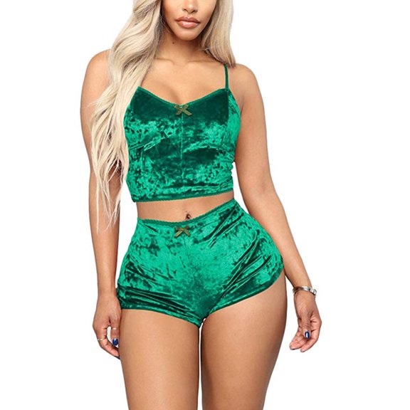 Canrulo Women's Velvet Spaghetti Strap Sleeveless Crop Top Camisole and Shorts Pajamas Set