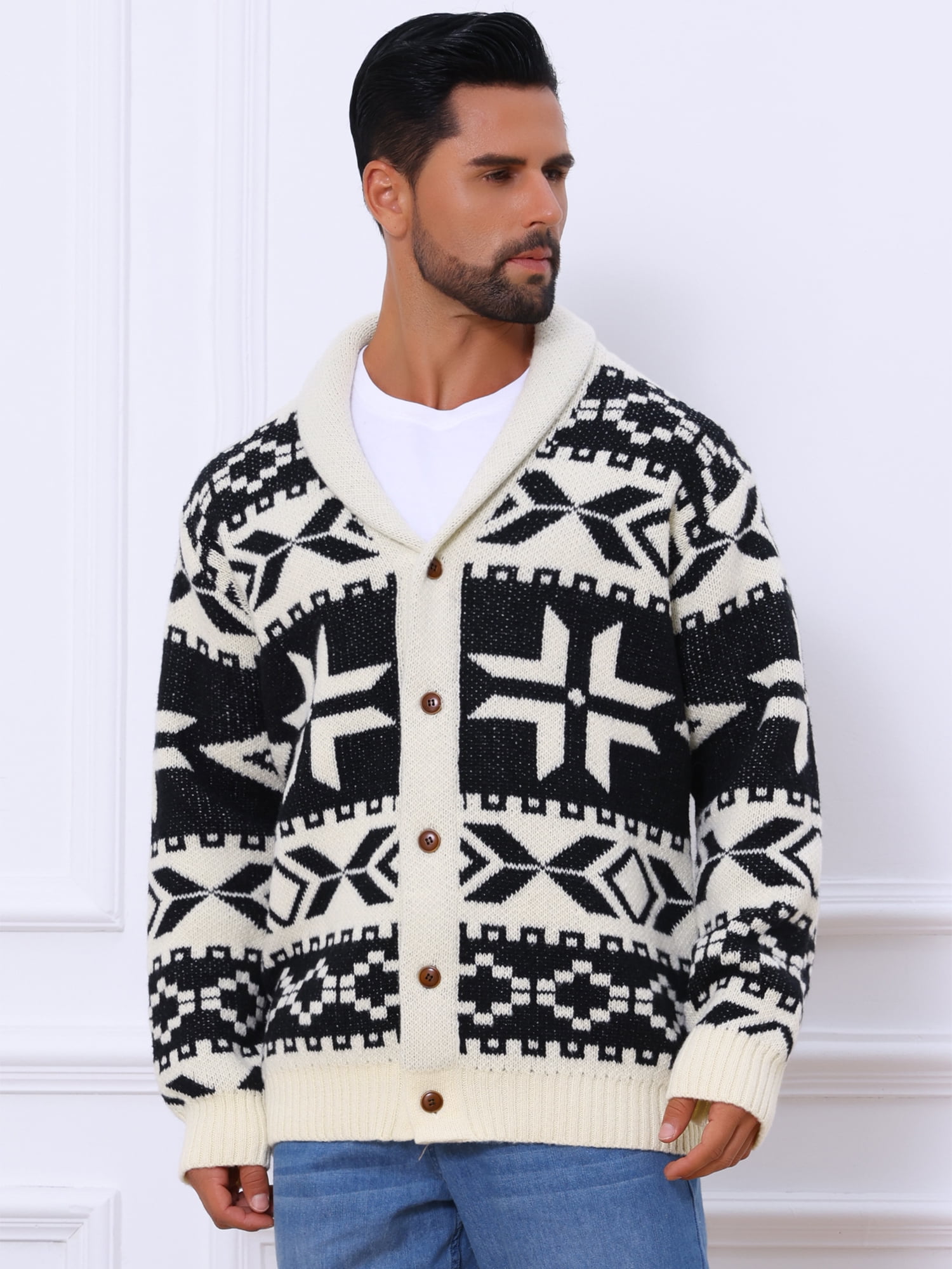 DARING DIVA Men's Shawl Collar Long Sleeved Knitwear Cardigan Sweater 2XL Black Beige
