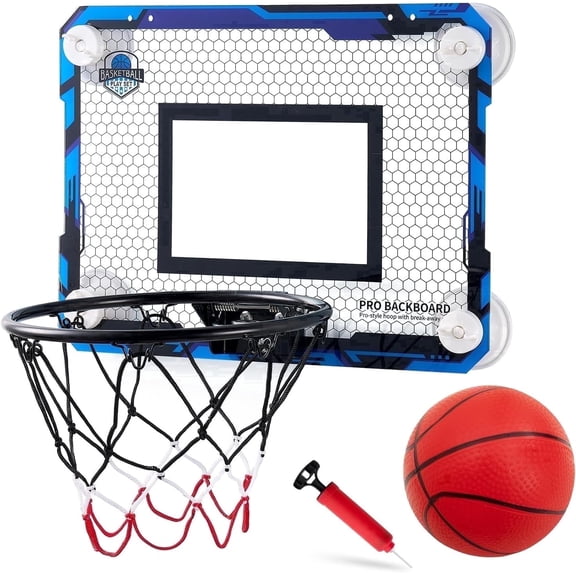 RUNBOW Suction Cup Mini Indoor Basketball Hoop, Wall/Door Mount Backboard with Basketball for Kids Boys Teens(43×30CM,Blue,1 pack)