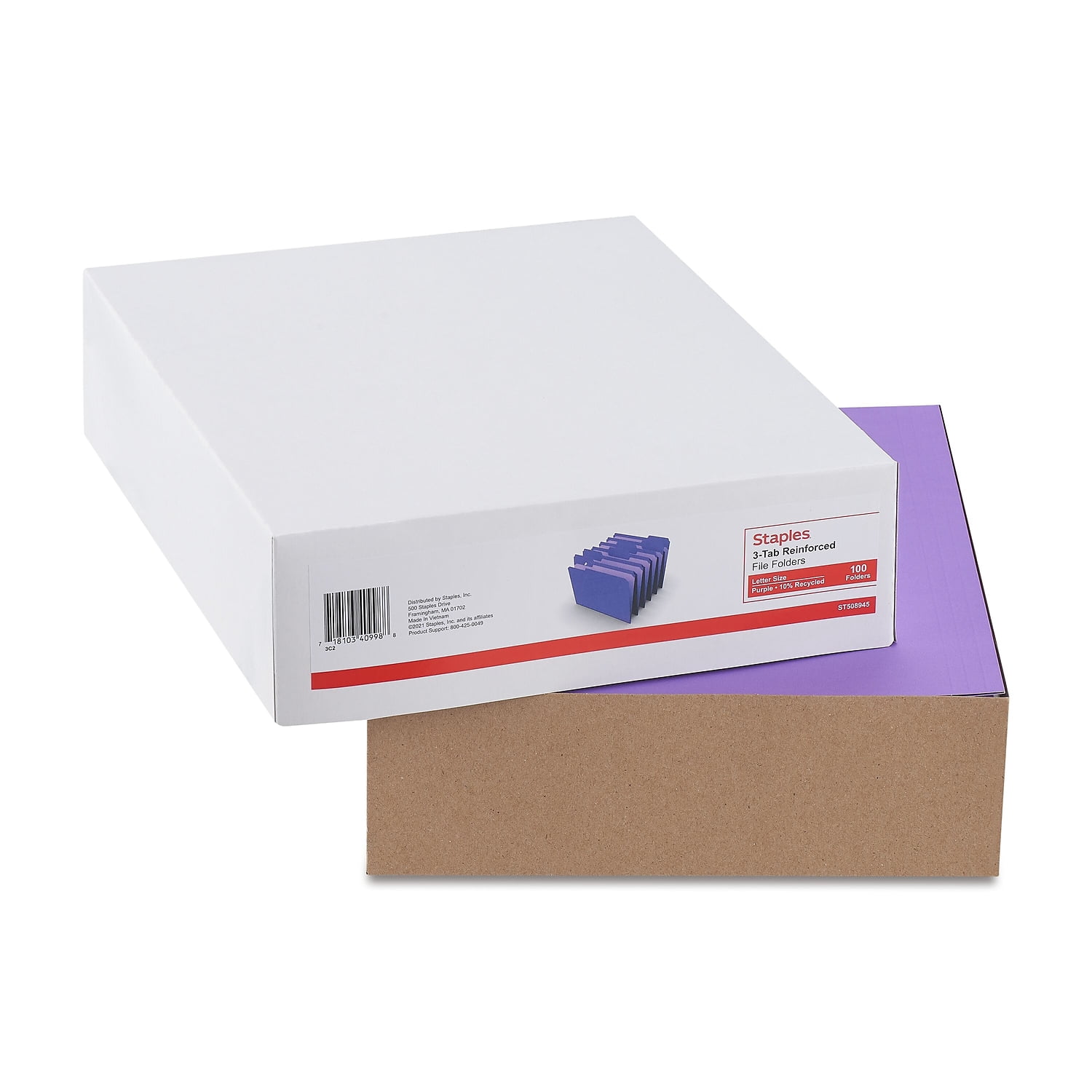 Staples File Folders Reinforced 3-Tab Letter Size Purple 100/Box (508945) TR508945/508945