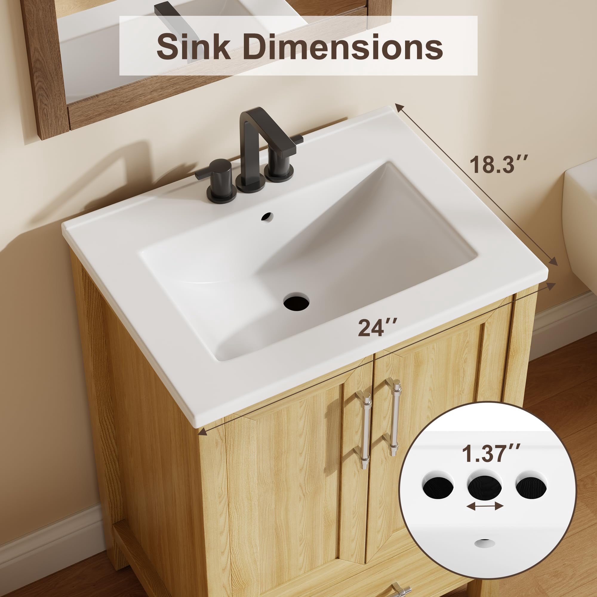 24" Bathroom Vanity with Sink, Freestanding Wooden Bathroom Vanity Cabinet with Soft-Closing Door and Metal Handle, Modern Floor Standing Storage for Small Spaces，Natural Wood