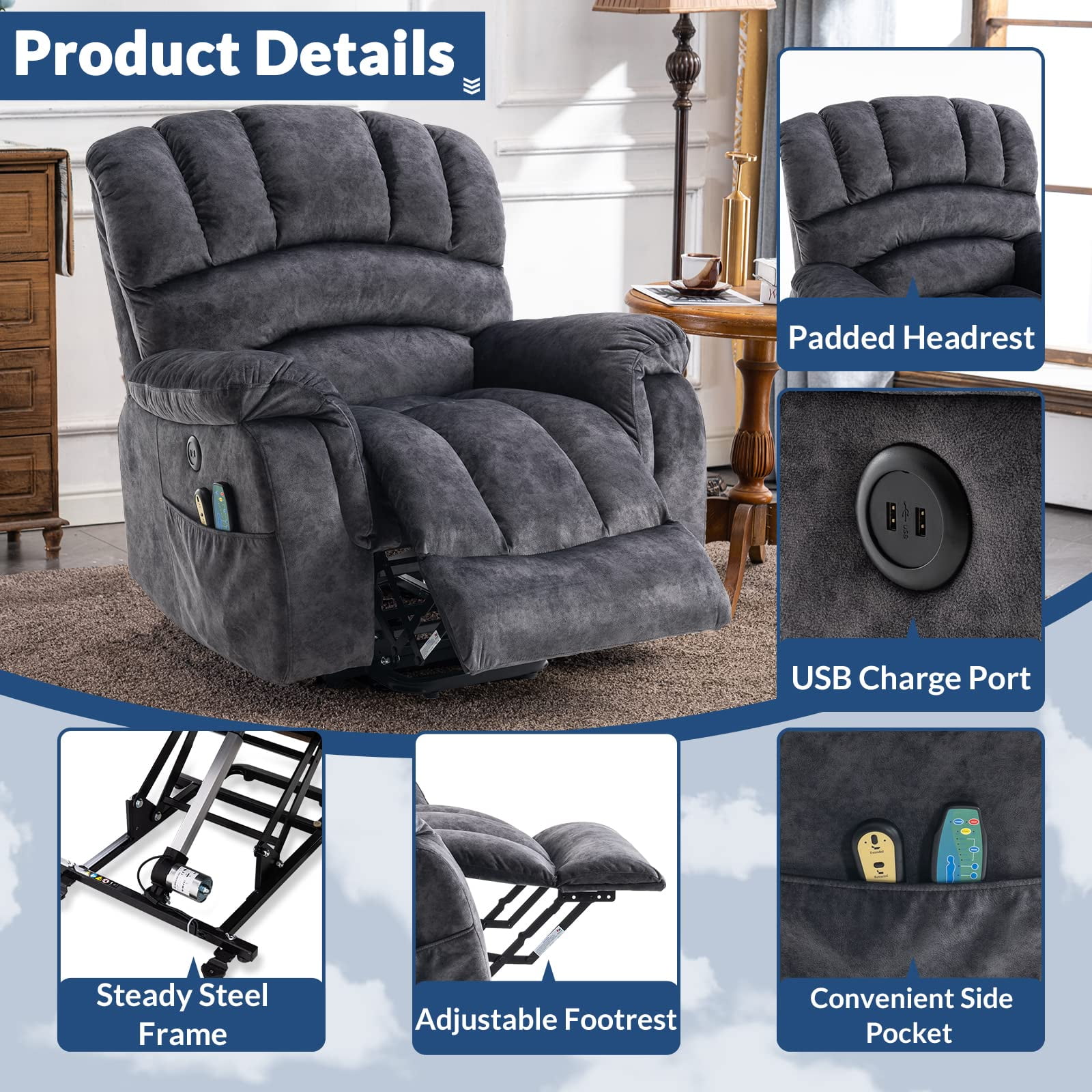 SOCIALCOMFY Large Power Electric Lift Recliner Chair for Elderly Big People, Heated Massage Motorized Reclining Sofa, Wide Fabric Recliners with 2 Remote Controls, Side Pockets & USB Ports, Dark Gray