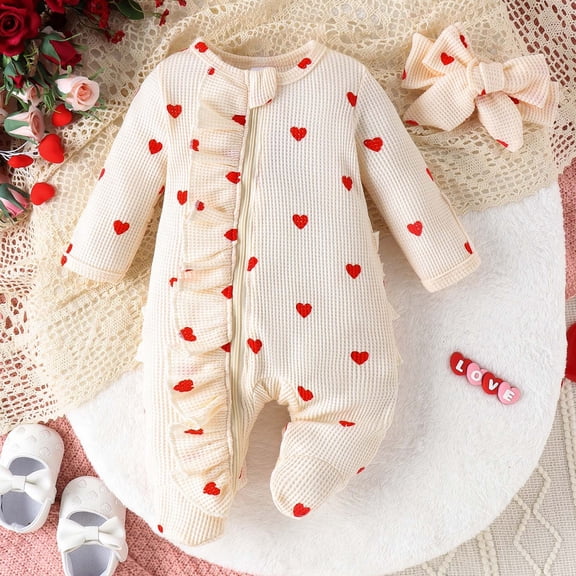 Rhoudy Girls Clothing 3-6 Months Long Sleeve Baby Valentines Day Outfit Ruffle Heart Print Romper Wafle Jumpsuit Comng He Outfit Simple Style Outfits Beige