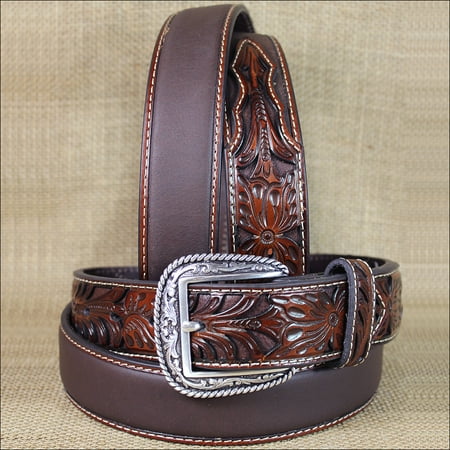 31 Inch Belt - 32 INCH WESTERN ARIAT SILVER BUCKLE LEATHER MENS BELT TOOLED FLORAL TAN