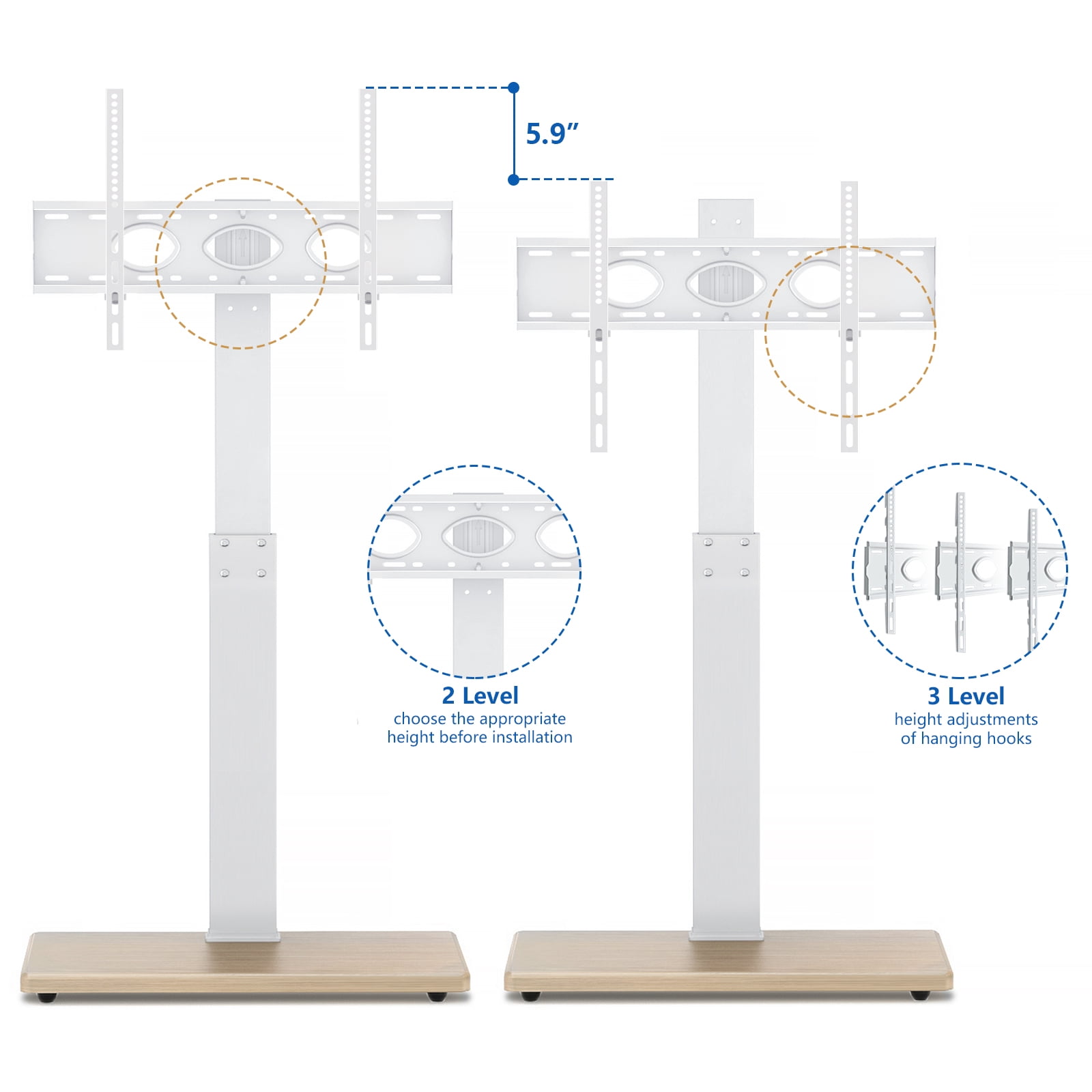 Floor TV Stand with Mount Swivel for 50 to 75 inch Flat TVs Wood Base, White Shelf