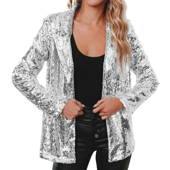 Women Shinny Sequins Blazer Casual Party Jacket Coat Fall Rave Outerwear Blazer Silver S YIWEI
