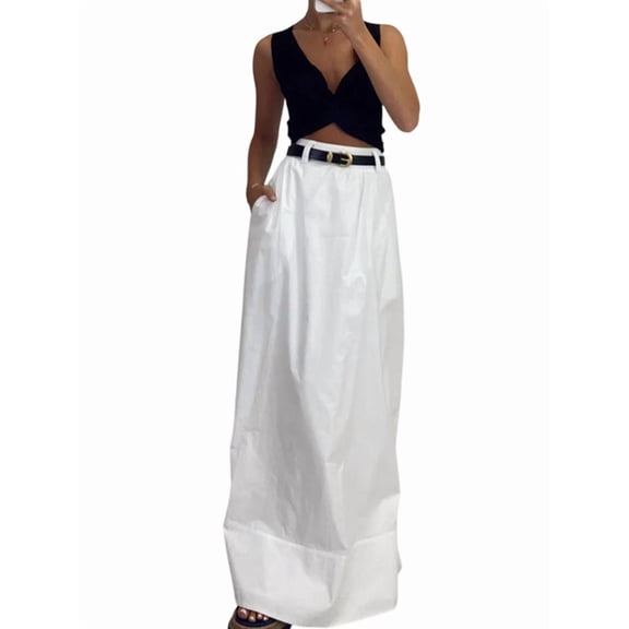 Women's Pockets Maxi Long High Waist Straight Skirts Floor Skirt for Casual White S