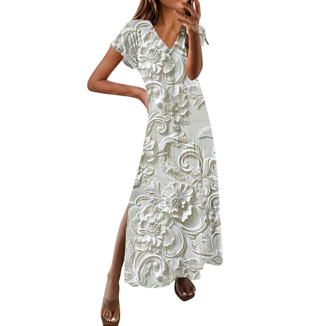 bbymog Robes Maxi pour Femmes Été Manches Courtes Fente Latérale Robe Blanche Décontractée Surdimensionnée Plage pour Femmes Blanc A TG