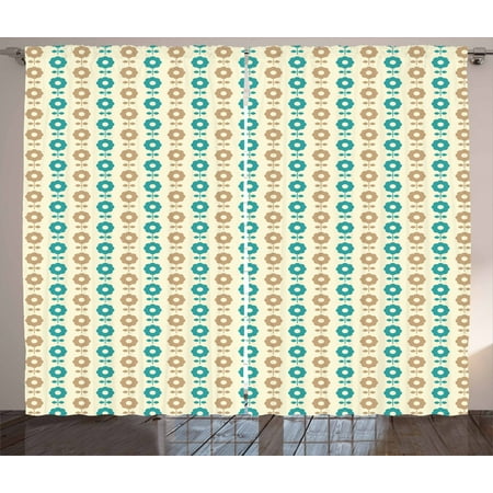 Brown And Blue Curtains 2 Panels Set Abstract Daisy Flowers