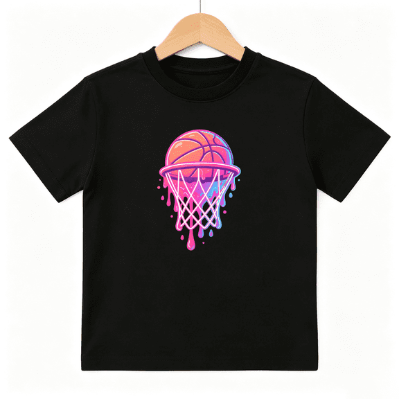 Neon Dripping Basketball Hoop Boys Graphic Tee, Cool Cyberpunk Sports 100% Cotton Kids Short Sleeve T-Shirt 4-13Y