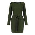 thumbnail image 5 of VSSSJ Women's Long Sleeve Casual Dresses Crew Neck Tie Waist Knee Length Daily Solid Color Comfy Loose T-Shirt Dress with Pockets Green S, 5 of 9