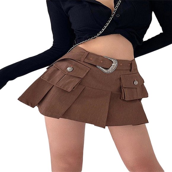 Women Y2K Cargo Mini Skirts High Waist Short Pleated Skirt With Blet Pockets E-Girl Streetwear