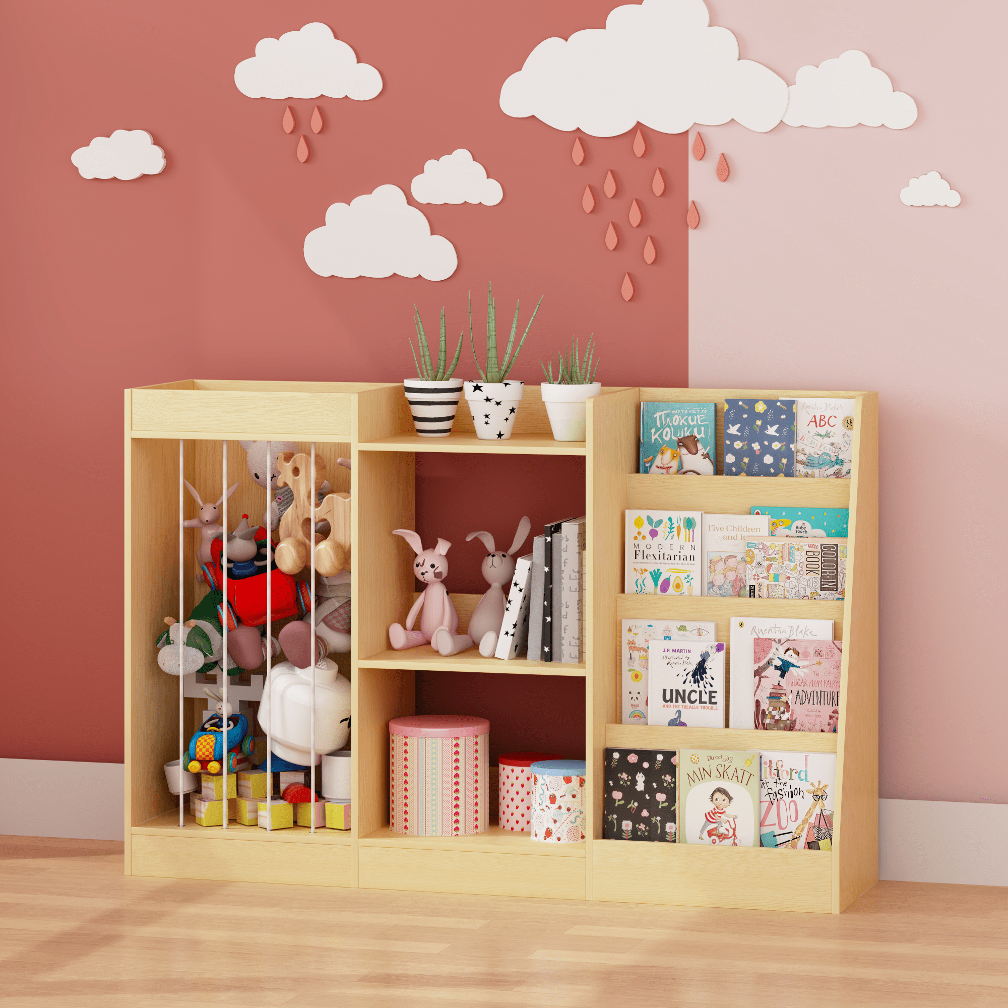 Natural Wood Kids Bookshelf 3-in-1 Toy Storage 4-Tier Book Display Anti-Tip Childrens Room Organizer